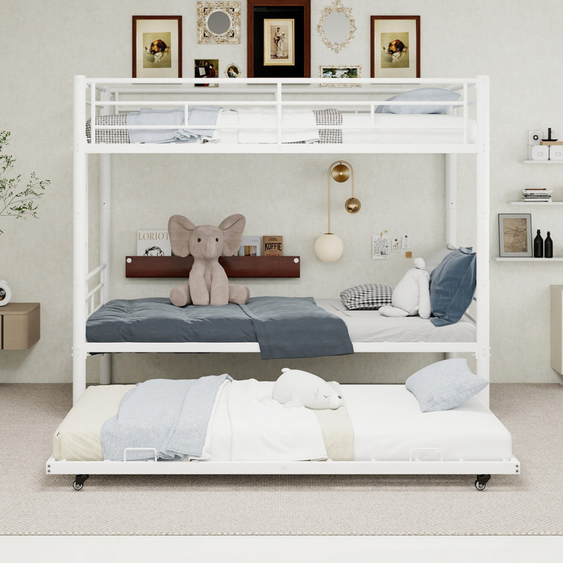 Triple Bunk Bed With Pull-out Bed, 3-person Metal Frame, Space-saving 90x190cm Mattress, For Dormitory Or Shared Room, White