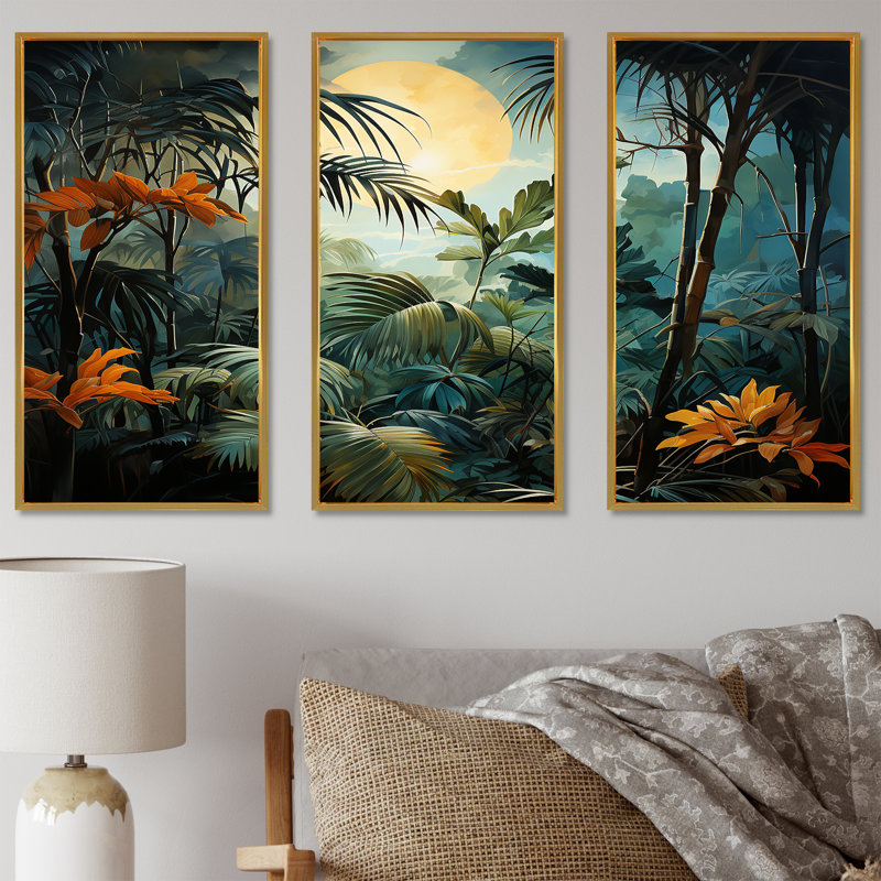 Fantasy Jungle Plants Under Moonlight - Ensemble de décoration murale plantes, Cadre flottant doré