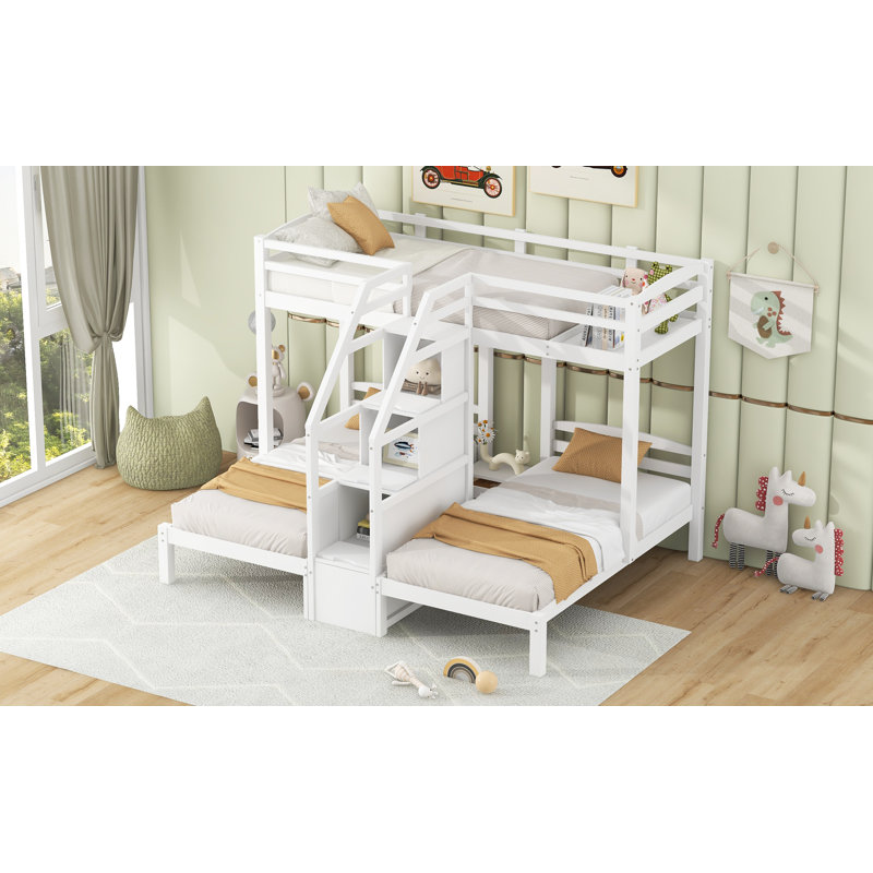 Triple Twin Bunk Bed With Storage Staircase & Drawer, White