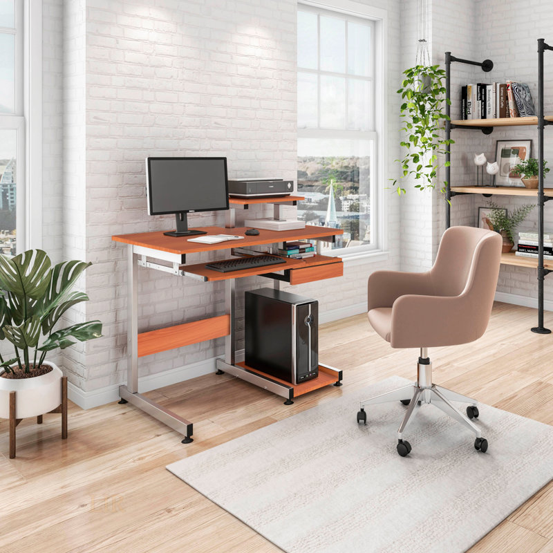 Techni Mobili Complete Computer Workstation Desk, Woodgrain, With Moisture-Resistant Veneer And Scratch-Resistant Steel Legs