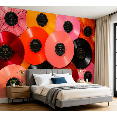 Wall Mural Peel and Stick Wallpaper Colorful Vinyl Record Vibrant Abstract Design Self-Adhesive Removable Contact Paper Wall Decor for Living Room Bedroom 100"H x 144"W