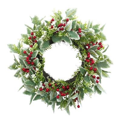 Artificial Frosted Greenery And Red Berry Wreath