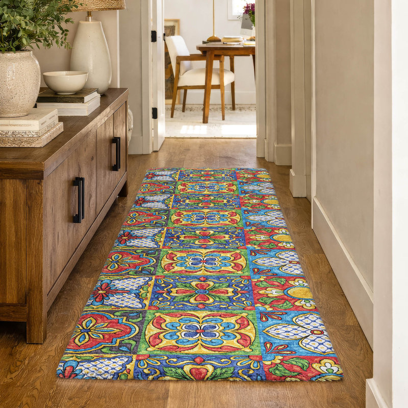 Premium Machine Washable Dream Shag ADS175 Spanish Tiles Rug, 2'3" x 7'6" Runner