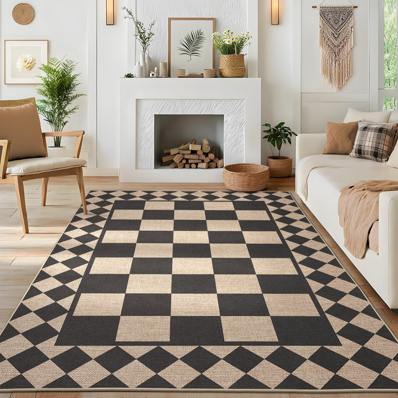 Tapis de patio imperméable à carreaux pour l'intérieur et l'extérieur, Black, Rectangle 9' x 12'