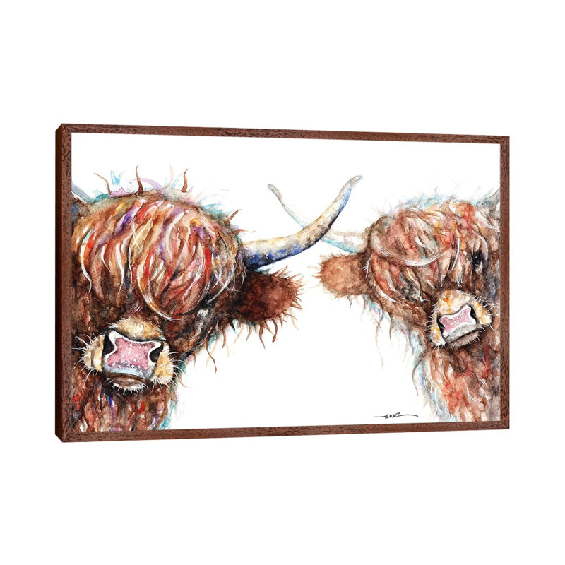 Curious Highland Cows - Painting on Canvas, 45.72cm H x 66.04cm W x 3.81cm D, Classic Brown Wood Framed