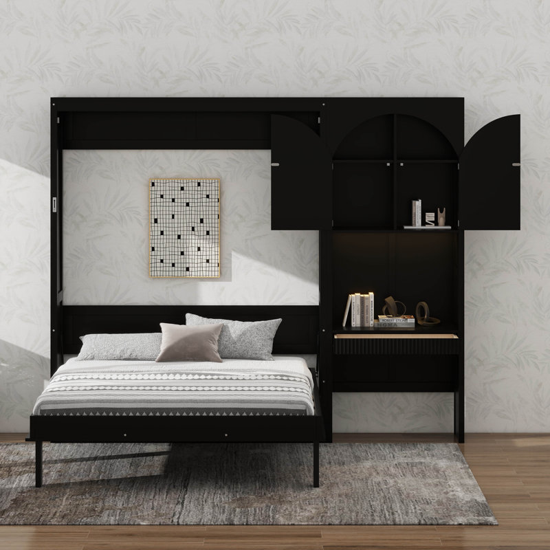 Élégant lit escamotable rabattable avec portes d'armoire décoratives arquées, casiers ouverts et tiroir de rangement escamotable