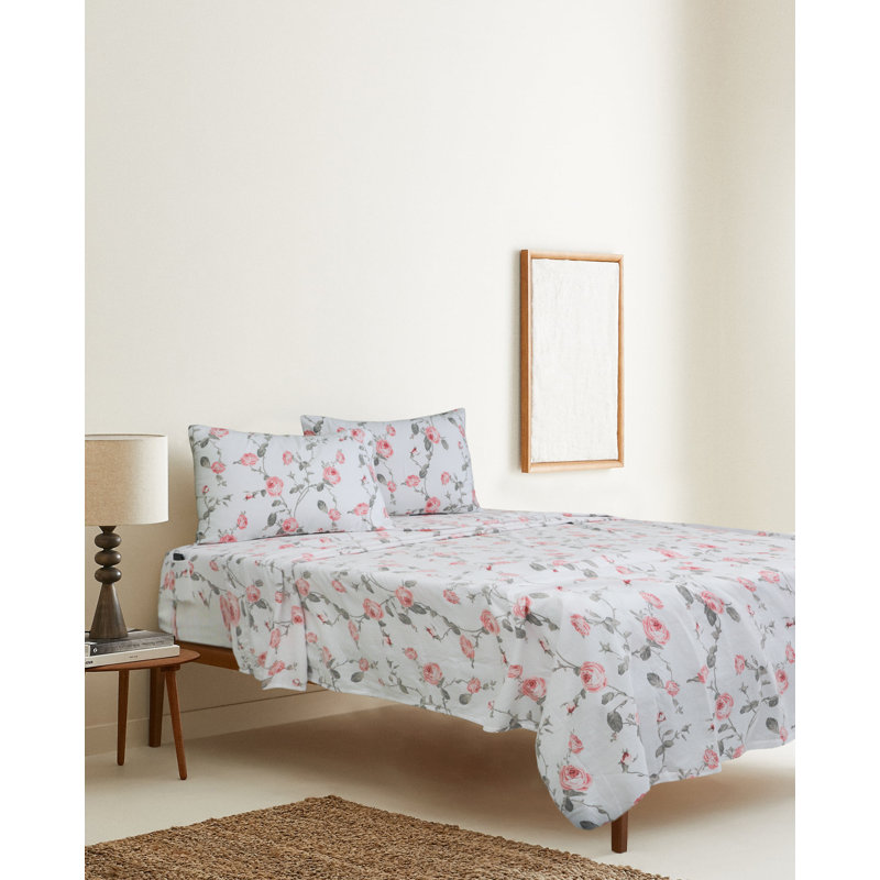 Ensemble de draps 100% flanelle de coton Colyt Floral, Grand, Motif floral rose