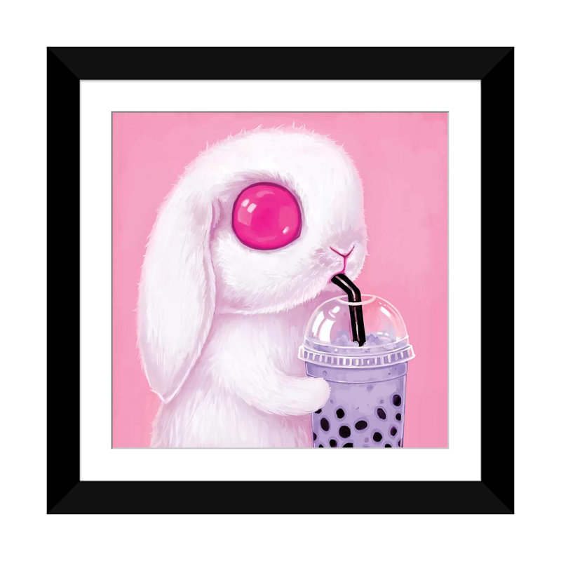 «Bubble Tea Bunny», reproduction de photo sur toile, H 16 po x l 16 po x P 1 po, Papier d'art encadré noir, Blanc
