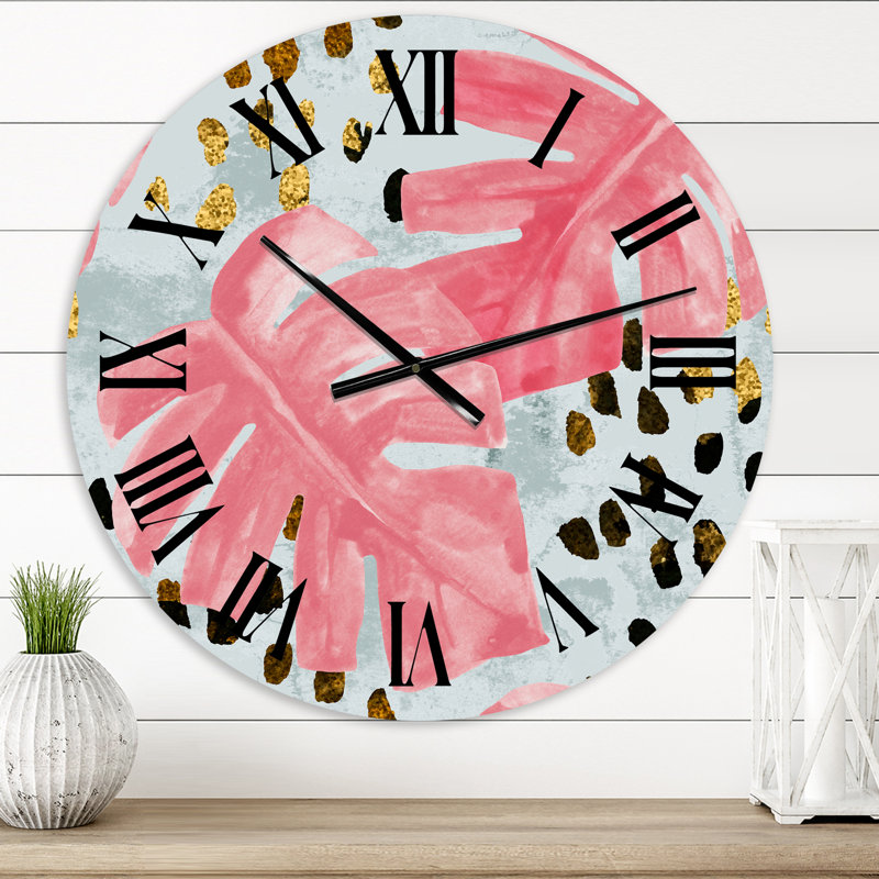 Horloge murale colorée Monstera On Rough Brush Strokes I, Petit, Gris