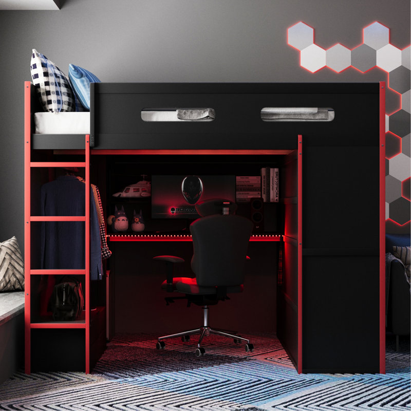 Lit mezzanine double rouge pour jouer, avec bureau, éclairage, bande de rangement pour garde-robe, tiroirs, Noir / Rouge