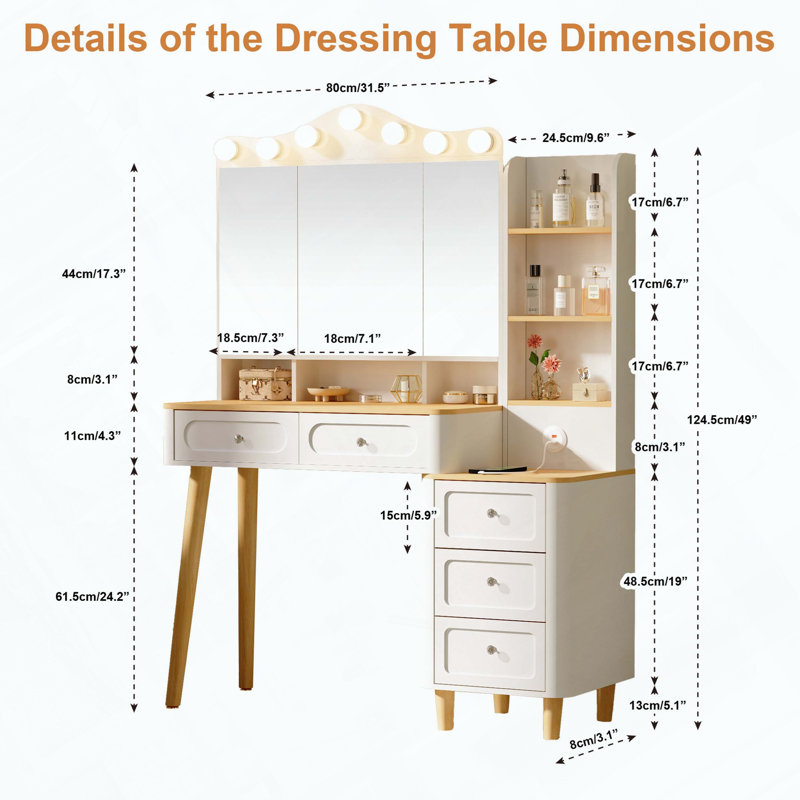 Bureau de coiffeuse avec miroir et lumières, miroir pliable à trois côtés, 2 ports USB et rangement