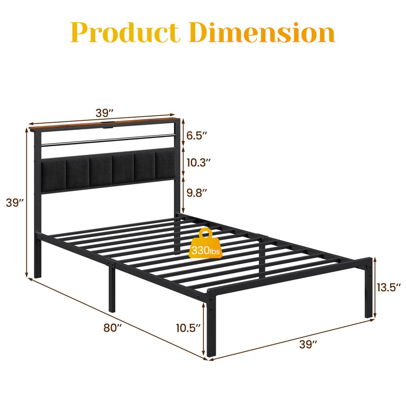 Lit simple - Structure de lit - Panneau de fibres à densité moyenne / acier - Noir - Chargement USB - Rangement - Tête de lit - Revêtement - L 78,74 po x l 39,37 po x H 39,37 po