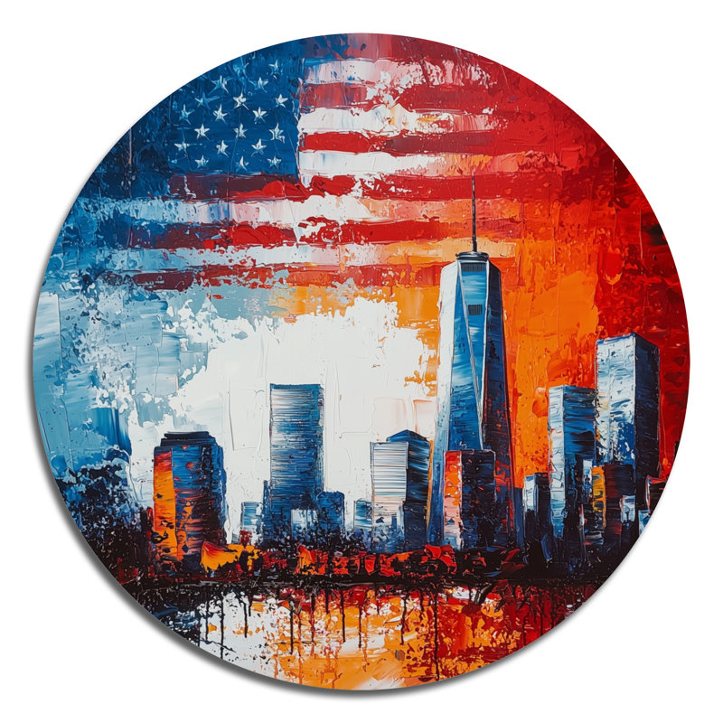 Abstrait New York avec drapeau américain - art mural rond en métal New York, H 29 po x l 29 po