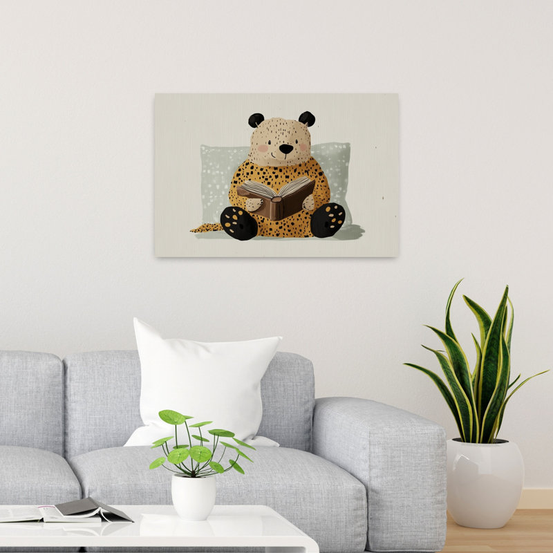 Cozy Leopard Reading Peaceful Contemporary Animal Wall Art Print by Mathieu - Wrapped Canvas Print, 60.96cm H x 91.44cm W