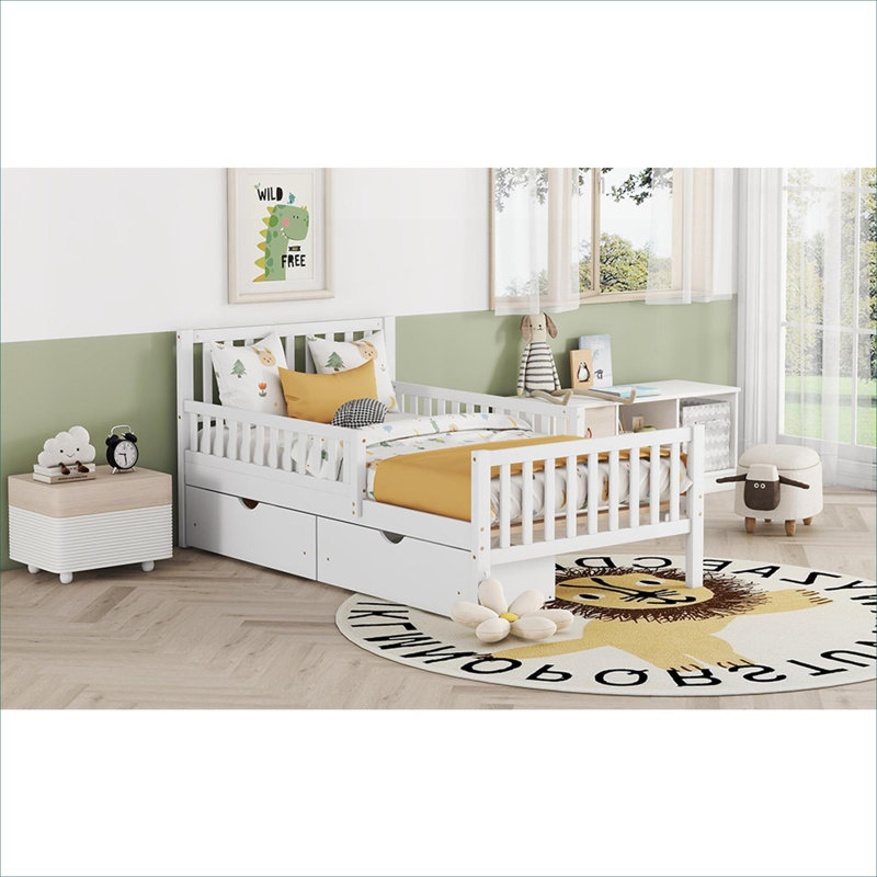 Lit plateforme avec rangement, finition en bois massif blanc, taille simple avec garde-corps doubles et tiroirs sous le lit pour la chambre à coucher