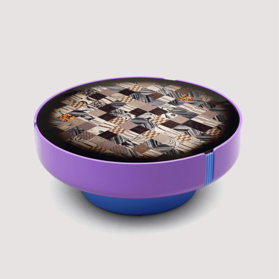 Modern Round Coffee Table with Geometric Inlay Top, Purple and Blue High-Gloss Finish, 33.46 Inch Width