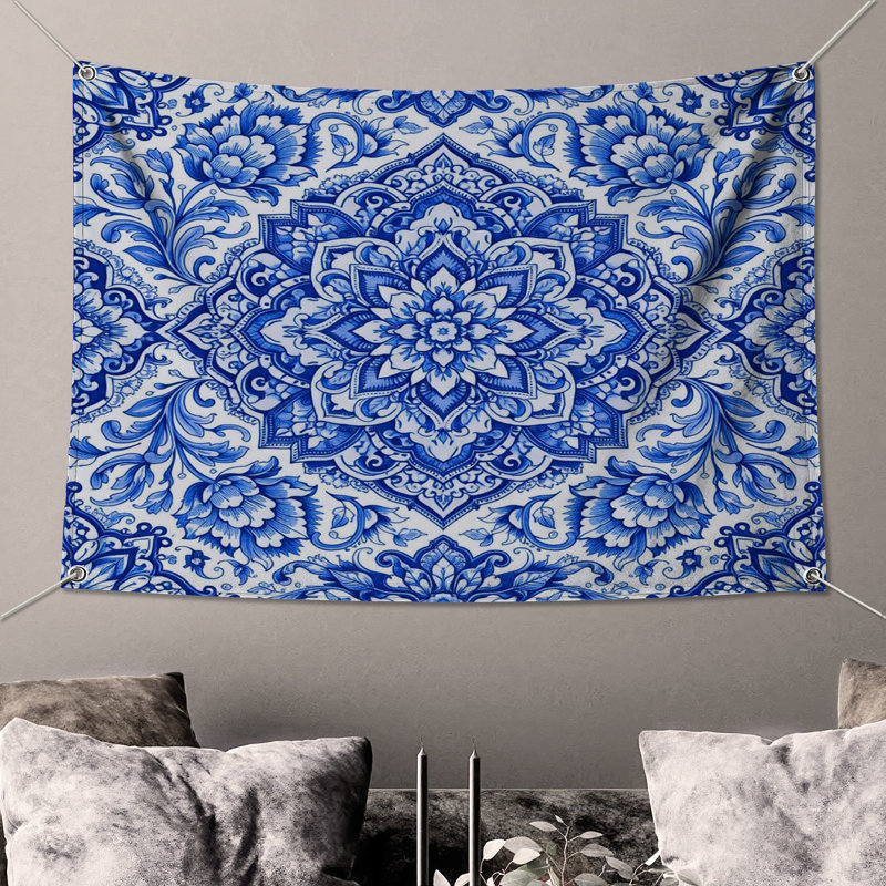 Tapisserie murale Mandala floral bleu, 50in H x60in W with 4 Grommets