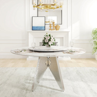 Table de salle à manger 59,05 po ronde en marbre avec base en acier inoxydable argenté, marbre artificiel pour 6 à 8 personnes, table tournante en pierre artificielle blanche 31,5 po, blanc (table de salle à manger seulement)