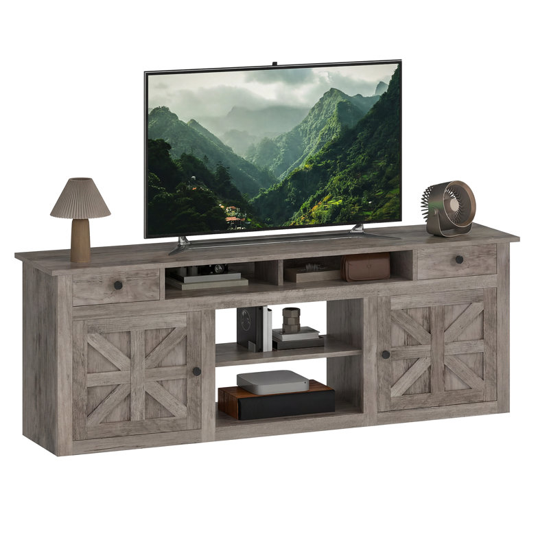 Meuble télé avec 2 tiroirs et station de charge Kavita , L 70 po, Bois gris