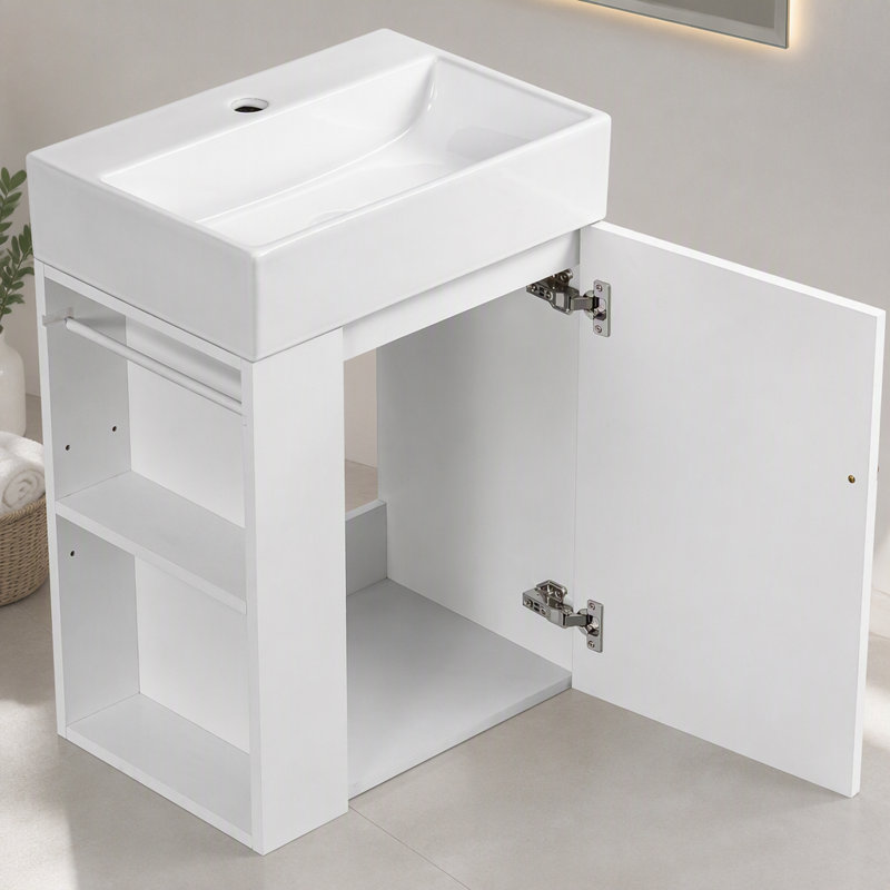 Meuble-lavabo autoportant de 20 po avec lavabo en céramique, porte à motif de losanges, poignée dorée, tablettes de rangement latérales, barre à serviettes, panneau de fibres à densité moyenne, assemblage requis
