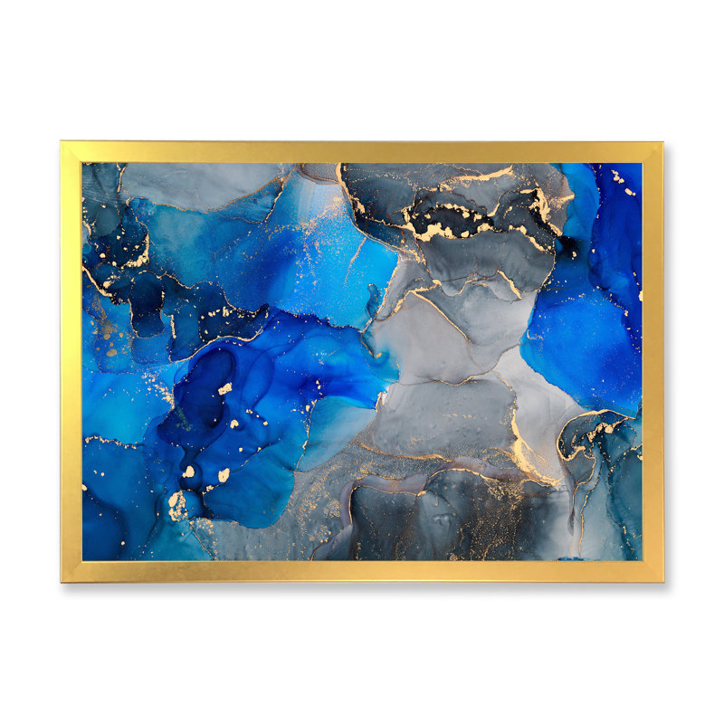 «Blue Luxury Abstract Fluid Art XV», reproduction sur toile, H 34 po x l 44 po x P 1,5 po, Cadre photo doré