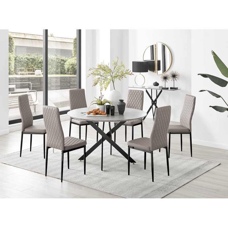 Tierra Modern Chrome Metal & Glass Round Dining Table Set with Quilted Faux Leather Chairs, Cappuccino, 6