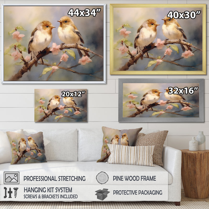 Oiseau moineau beige et brun III - Reproduction d'art sur toile encadrée, Toile tendue, H 24 po x l 32 po x P 1 po