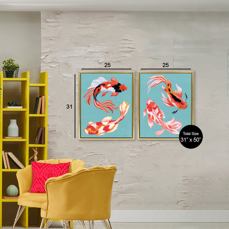 Ensemble de cadre flottant coloré 2 pièces Koi, H 31 po x l 25 po, Cadre flottant métallique doré
