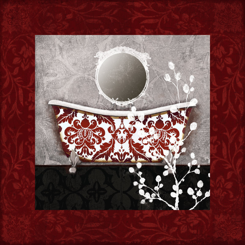 Damask Bath With Berry Branch Red - Wrapped Canvas Painting, 76cm H x 76cm W x 3.8cm D