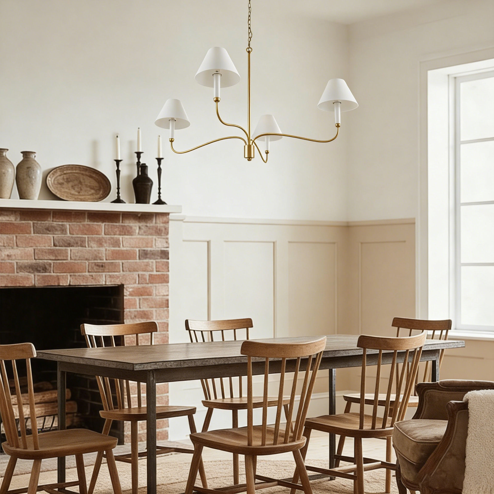 4-Light Dimmable Classic / Traditional Fabric chandelier, Polished Brass