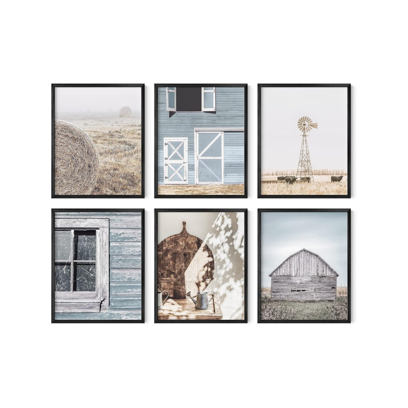 Décoration murale rustique rustique bleue, 6 pièces avec cadre noir, 8 x 10, pour cuisine et maison de campagne