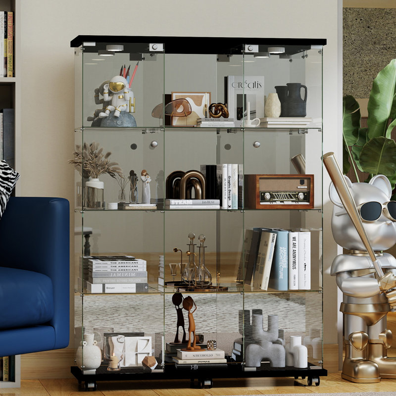 Anneliesse 4-Shelf Glass Display Cabinet with Mirrored Back, 3-Column Tempered Glass Display Case, Black
