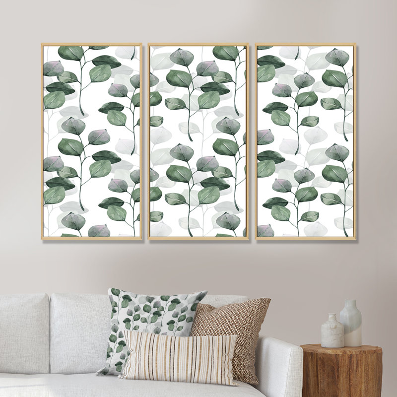«Eucalyptus Branch On White I», ensemble de 3 impressions sur toile, H 20 po x l 36 po x P 1 po, Cadre brun