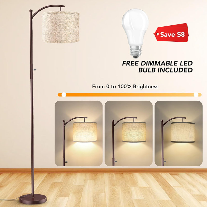 Dimmable Arc Floor Lamp With Adjustable Linen Shade, Modern Standing Lamp For Living Room, Bedroom, Office, And Dining Room, Stepless Dimming, Flexible Rotation, And Long-Lasting LED Bulb