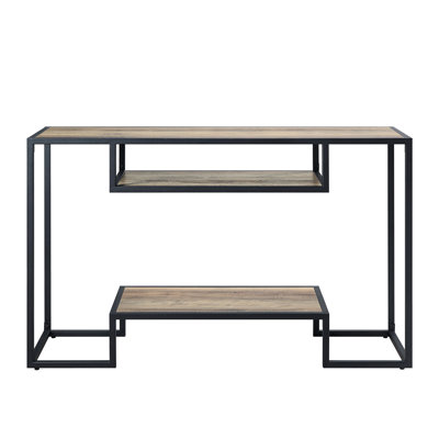 Table à 2 tablettes avec cadre en métal et compartiments au fini chêne rustique et aspect noir