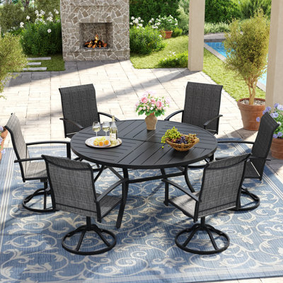 7-Pieces Round Patio Dining Set With Swivel PVC-coated polyester Chairs