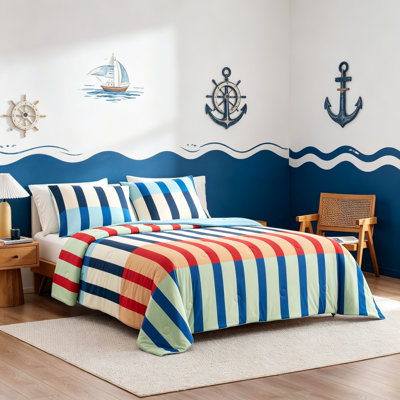 Lightweight Striped Summer Quilt Double-Sided Cooling Comforter with 2 Pillowcases, Breathable Summer Bedding Set