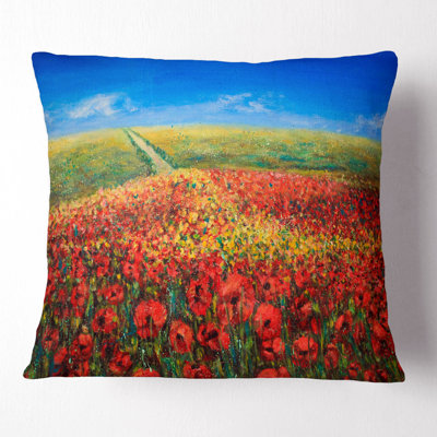Acrylic Landscape with Red Flowers - Floral Printed Pillow