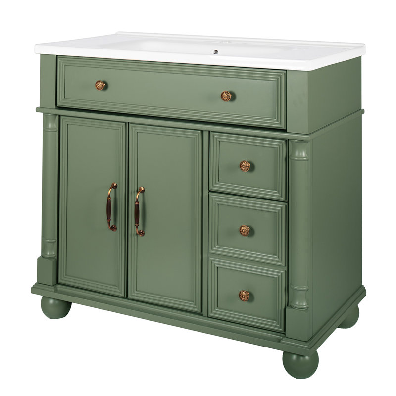 Lavabo de salle de bain colonne 35,6 "avec poignées en métal et structure en bois massif, Vert