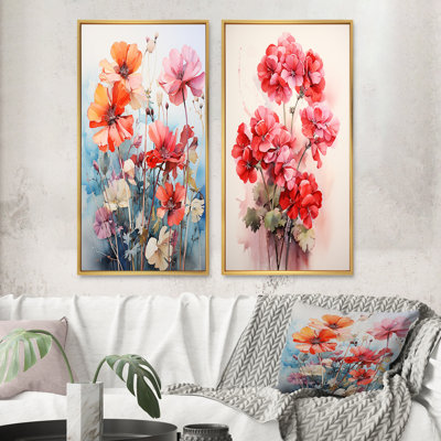 " Coral Geraniums Garden Symphony " 2 Piece Art Set