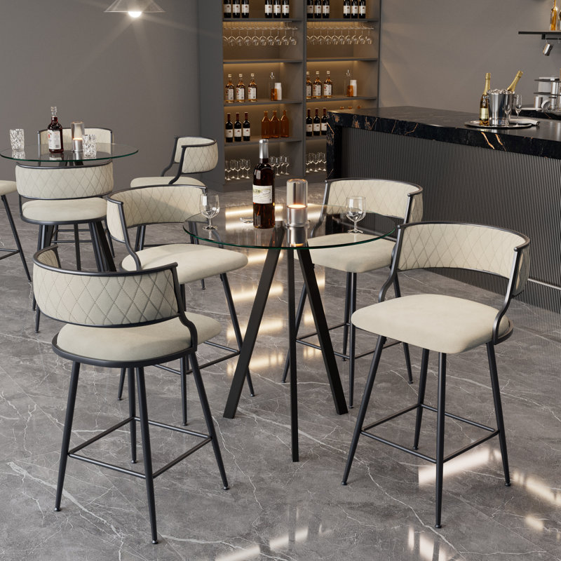 Bar Height Set, Tempered Glass Round Dining Table And Height Bar Stools, Beige, 5 Piece