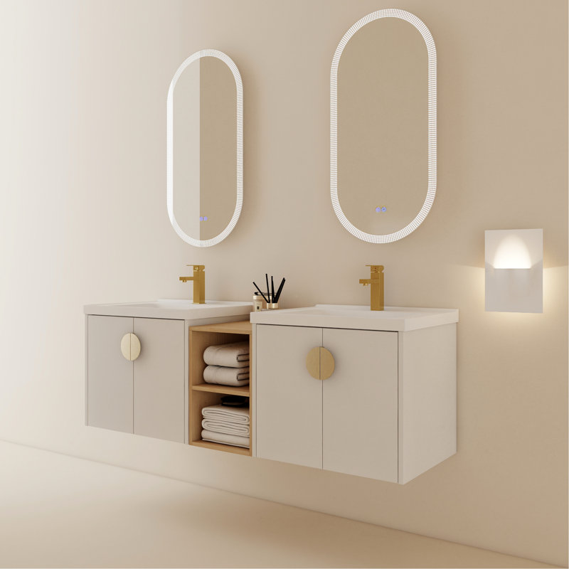 Meuble-lavabo moderne de 60 pouces avec lavabo. Fixation murale, blanc brillant. Tablettes de rangement. Bassin en céramique, contreplaqué. 2 armoires et lavabos. Assemblage non terminé, assemblé. Évier et rangement blanc brillant.
