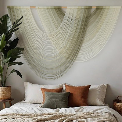 Macrame Wall Hanging Boho Wall Decor Tapestry Dip Dyed Ombre Moss Green Handmade Wall Art Woven Cotton Rope Backdrop With For Bedroom Living Room, 57" W X 39" L