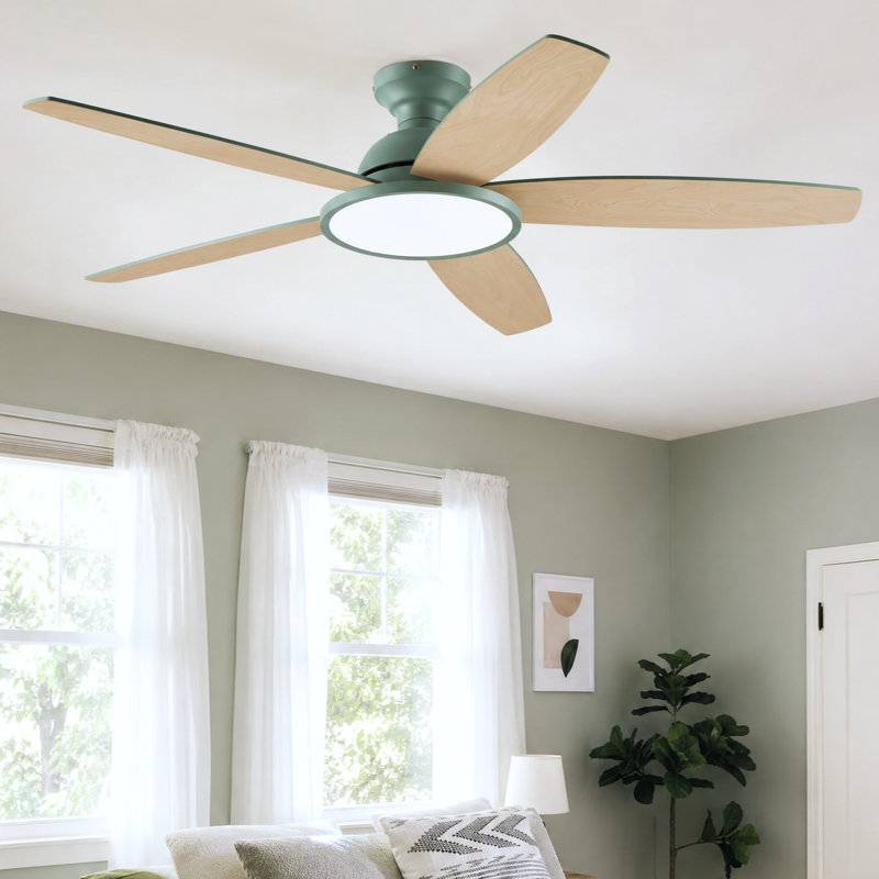 Ventilateur de plafond encastré avec lumière DEL et télécommande, Vert avec pales en bois vert / chêne, 52"