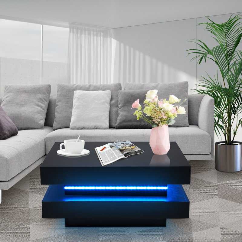 360Â° Rotating Square Coffee Table With 16-color Led Lights â€“ High Gloss Finish, Modern Tea Table, Black