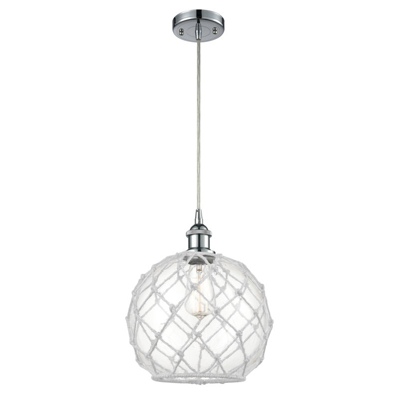 Luminaire suspendu en forme de globe à 1 lumière avec accents en corde Tobey, Transparent/blanc, Chrome poli