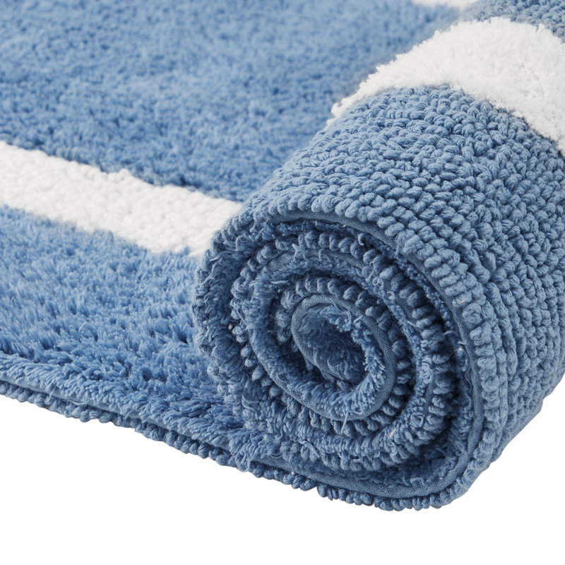 Broshous Premium 100% Cotton 2370 GSM 2-Piece Bath Rug Set, Ultra Plush Tufted Bathroom Mats, Super Absorbent OEKO-TEX® Certified, Reversible, Machine Washable, Spa-Like Comfort, Dark Blue/White