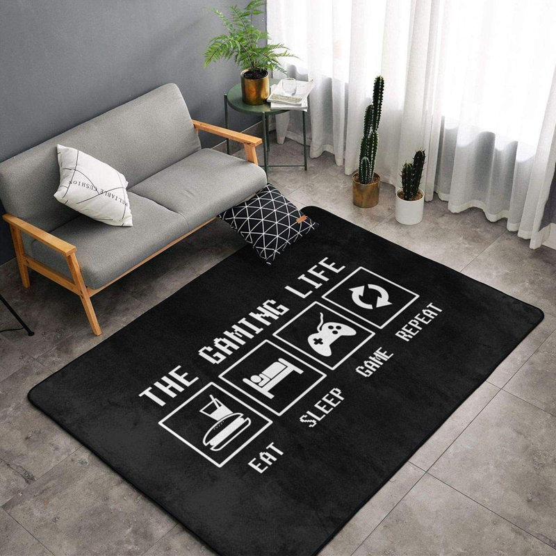 Tapis noir / blanc en polyester tissé à la machine Carruth, Rectangle 4 pi 11 po x 7 pi 7 po