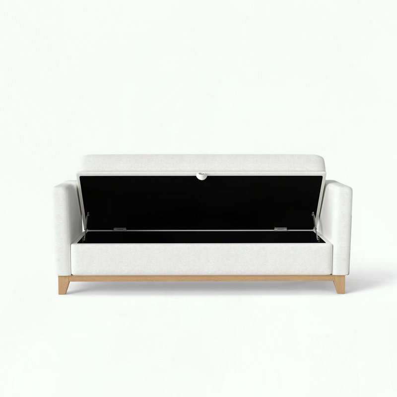 Banc de rangement en sherpa avec détails en bois cannelé et coussins, Naturel