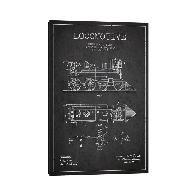 Ethelbert T. Ford Locomotive Pattern Sketch (Charcoal) by Aged Pixel - Wrapped Canvas Gallery-Wrapped Canvas Giclée